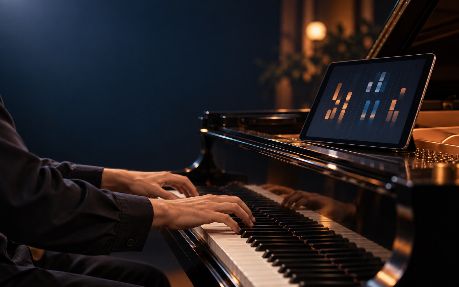 Pianist practising chords beside a tablet