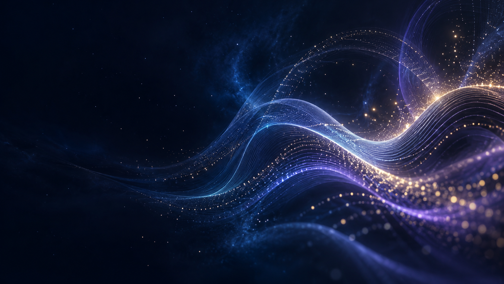 Abstract blue, violet and gold sound waves flowing through a dark musical atmosphere