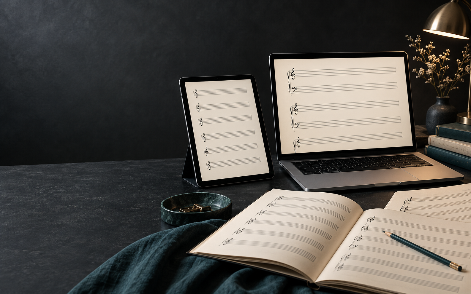 Tablet, laptop and sheet music in a studio