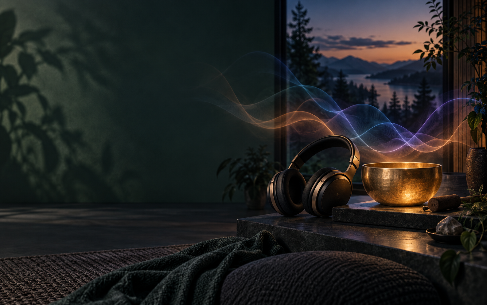 Headphones and a sound bowl in a calm evening space